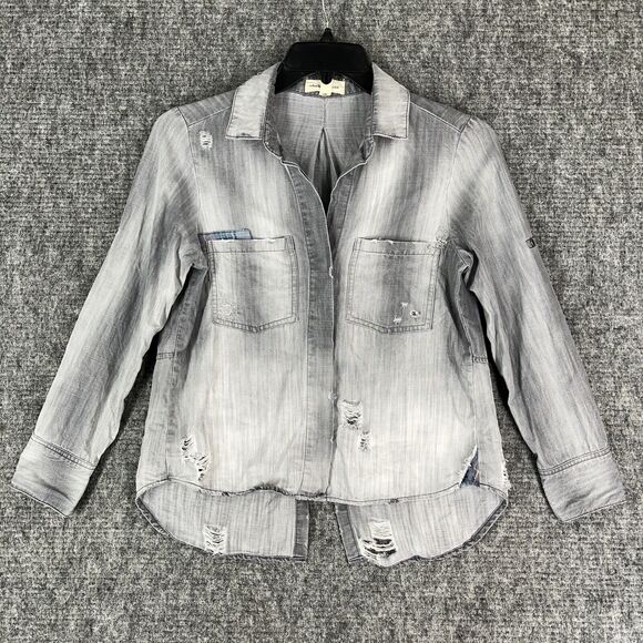 Cloth & Stone Shirt Womens Small Gray Distressed Worn Trashed Button Front - Picture 1 of 11